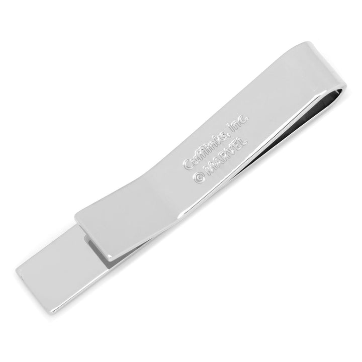 Silver-tone metal Marvel Spider-Man Spider Tie Bar with “Cufflinks, Inc.” and “MARVEL” engraved on the surface.