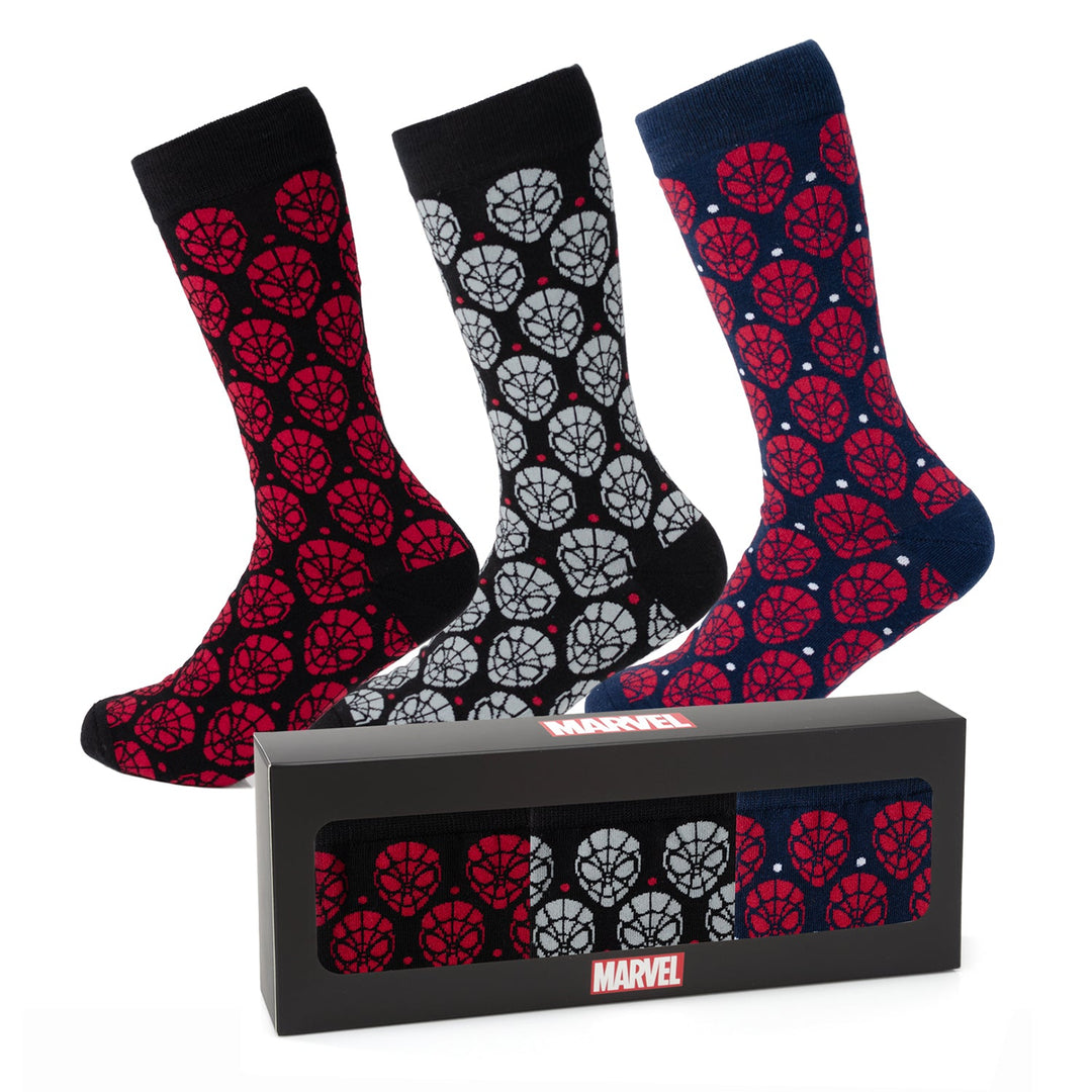 Marvel Spider-Man Dot 3 Pack Socks and Lapel Pin Gift Set featuring three pairs of socks in red and black, black and white, and red and navy spiderweb patterns.