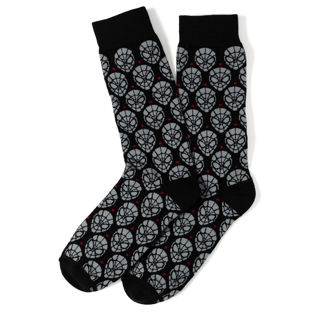 Two black Marvel Spider-Man Dot 3 Pack Socks and Lapel Pin Gift Set crew socks with a repeating gray pattern of masks and small red dots.
