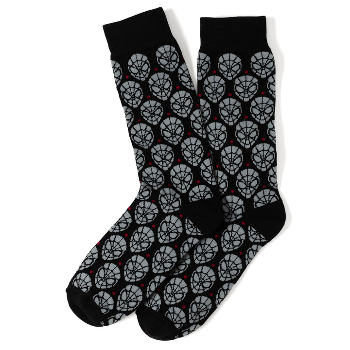 Two black Marvel Spider-Man Dot 3 Pack Socks and Lapel Pin Gift Set crew socks with a repeating gray pattern of masks and small red dots.