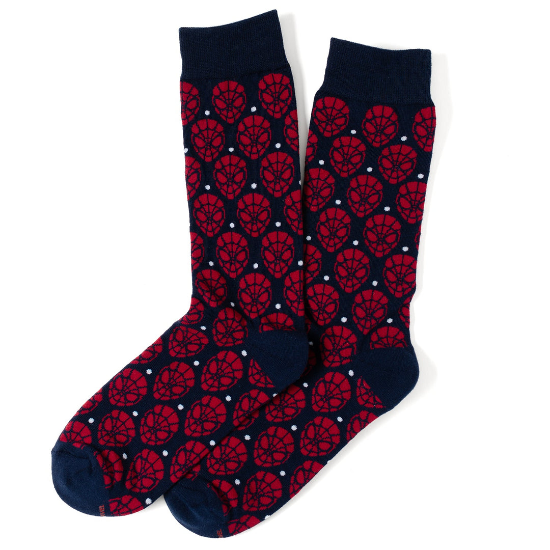 Two navy blue Marvel Spider-Man Dot 3 Pack Socks featuring a repeating red mask pattern and small white dots.