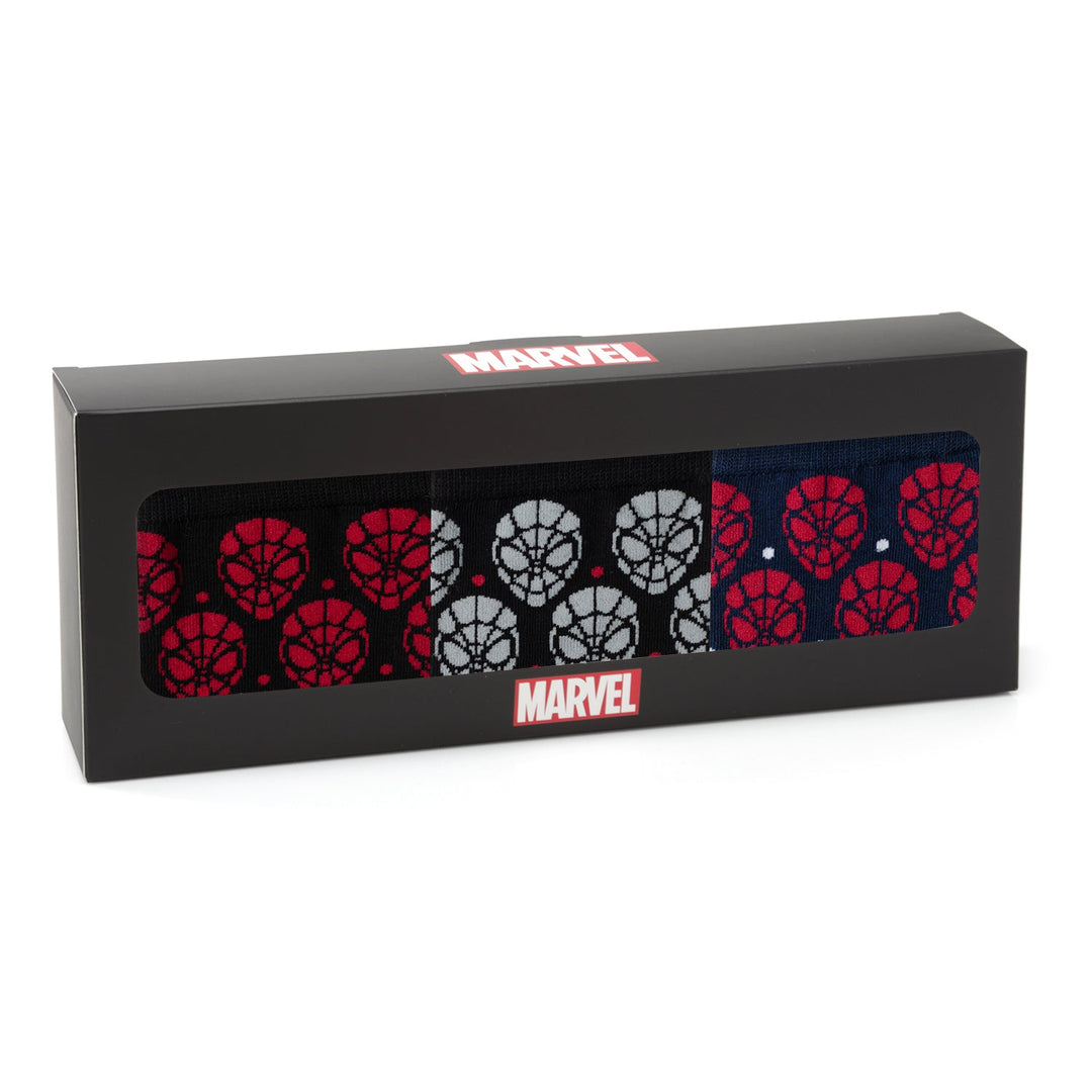 Marvel Spider-Man Dot 3 Pack Socks and Lapel Pin Gift Set featuring three pairs of patterned Spider-Man socks with face icons.