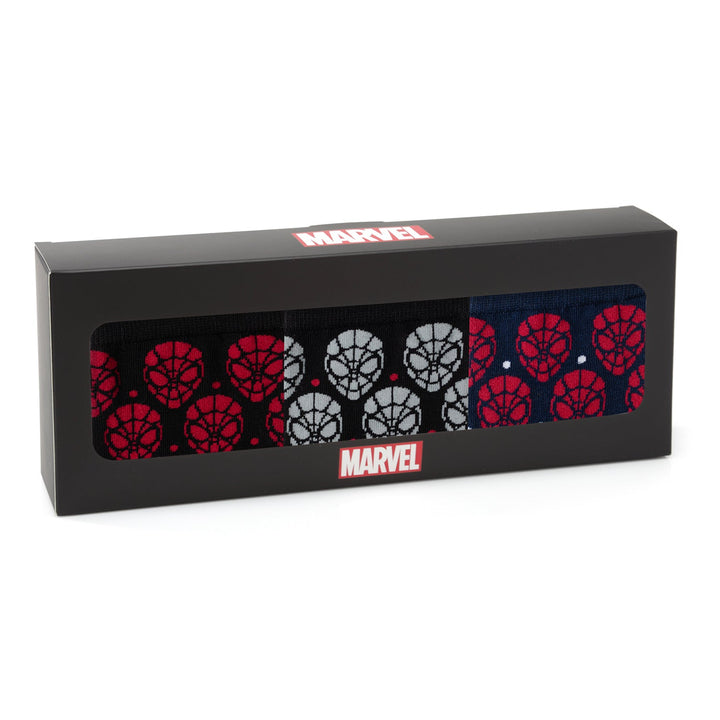 Marvel Spider-Man Dot 3 Pack Socks and Lapel Pin Gift Set featuring three pairs of patterned Spider-Man socks with face icons.