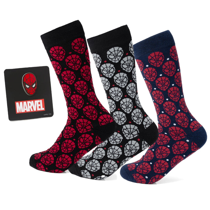 Marvel Spider-Man Dot 3 Pack Socks and Lapel Pin Gift Set featuring three pairs of socks in red/black, grey/black, and red/navy spiderweb patterns, with a matching lapel pin on a display card.
