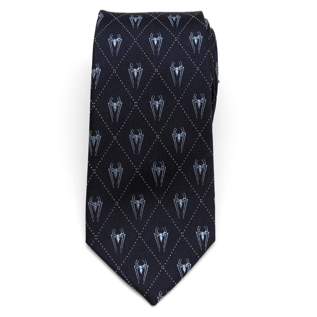 Marvel Spider-Man Diamond Navy Men’s Tie in navy blue silk with a repeating pattern of light blue spider emblems inside a diamond grid.