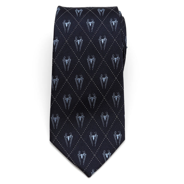 Marvel Spider-Man Diamond Navy Men’s Tie in navy blue silk with a repeating pattern of light blue spider emblems inside a diamond grid.