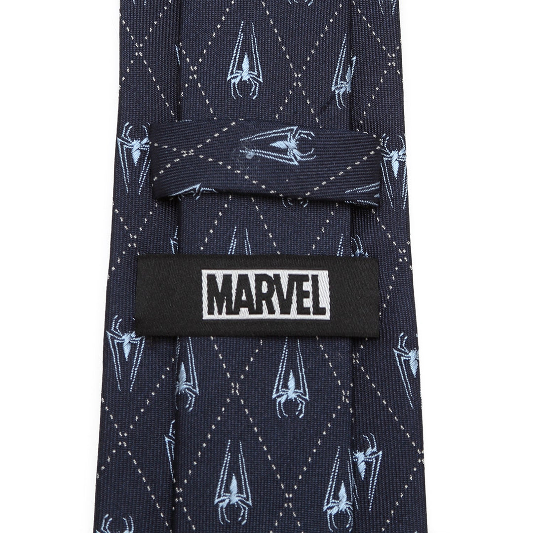 Marvel Spider-Man Diamond Navy Men’s Tie in navy blue silk with a light blue spider pattern over a thin white diamond grid, featuring a black and white Marvel logo label on the back.