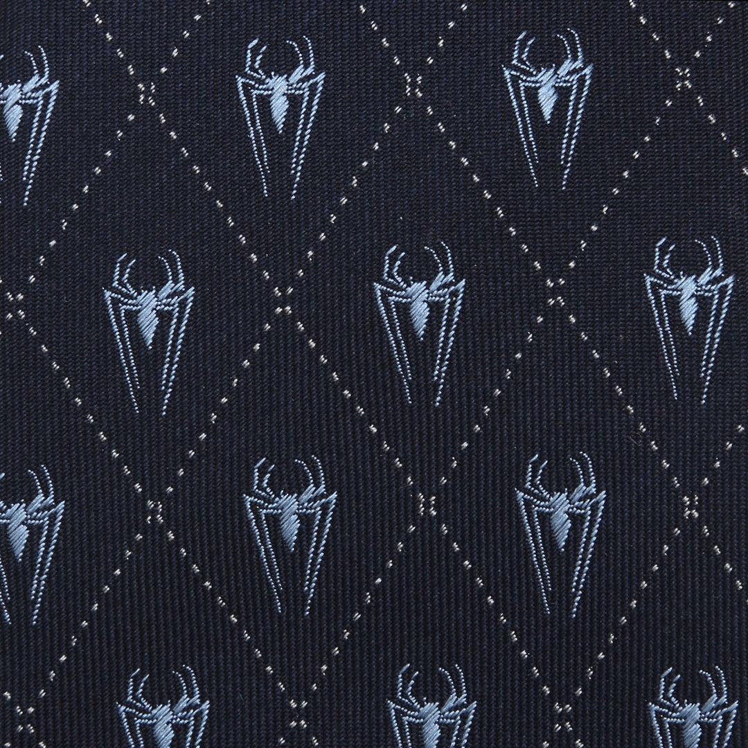 Marvel Spider-Man Diamond Navy Men’s Tie in dark navy silk, patterned with light blue spider icons within a grid of small dots.