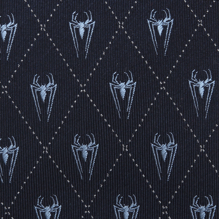 Marvel Spider-Man Diamond Navy Men’s Tie in dark navy silk, patterned with light blue spider icons within a grid of small dots.
