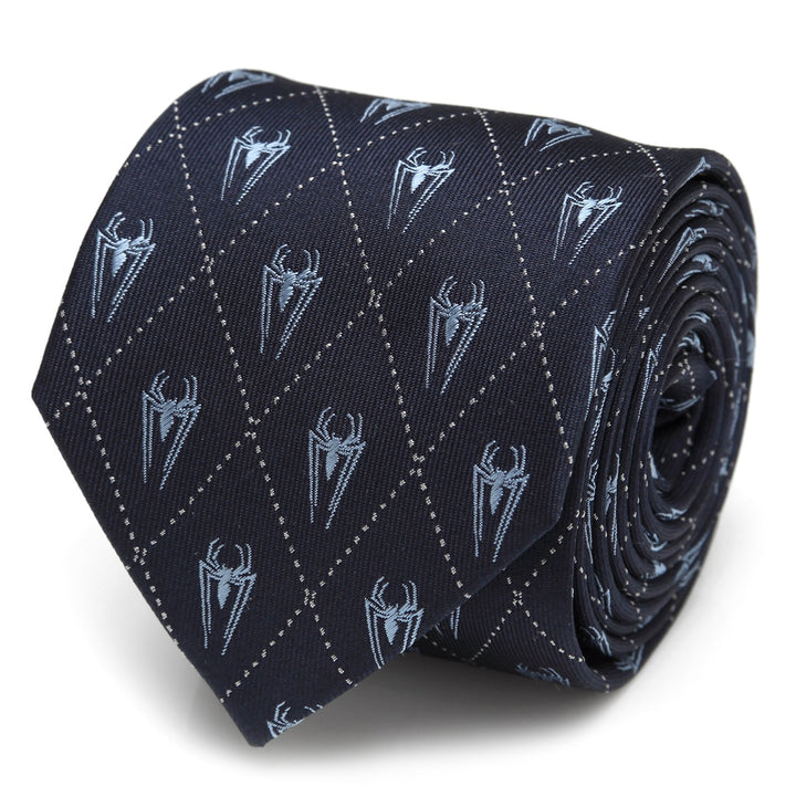 Marvel Spider-Man Diamond Navy Men’s Tie in navy blue with a repeating diamond grid pattern featuring a light blue spider icon in each diamond.