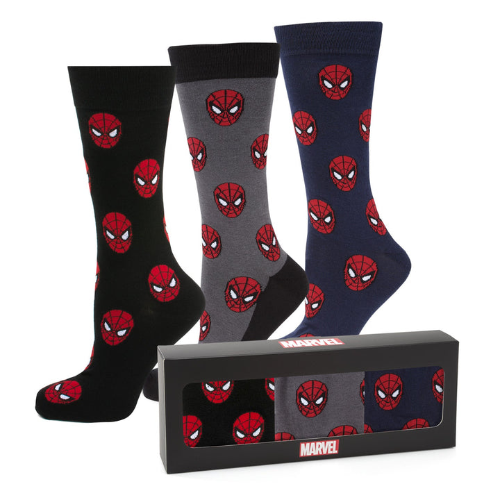 Marvel Spider-Man 3 Pack Socks and Lapel Pin Gift Set featuring three pairs of socks in black, grey, and navy displayed with their matching box.