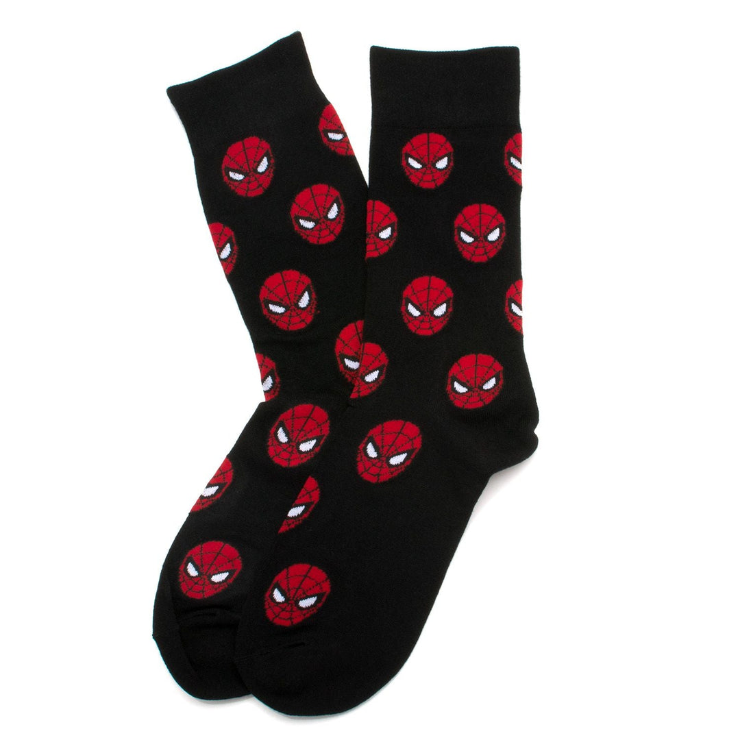 Black crew socks from the Marvel Spider-Man 3 Pack Socks and Lapel Pin Gift Set featuring a repeating red Spider-Man mask pattern.