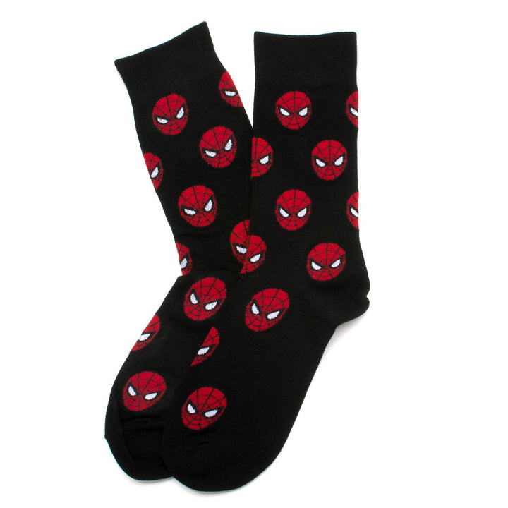 Black crew socks from the Marvel Spider-Man 3 Pack Socks and Lapel Pin Gift Set featuring a repeating red Spider-Man mask pattern.