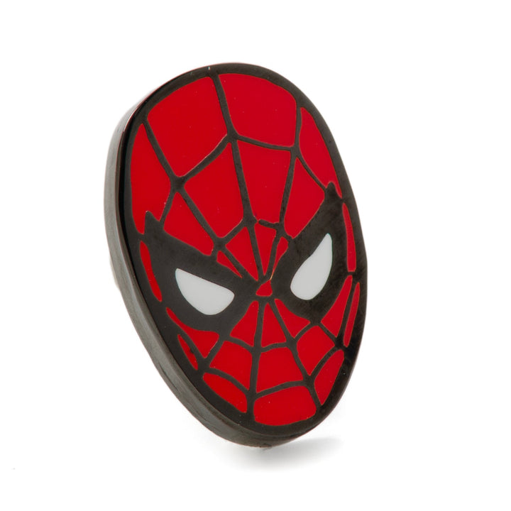An oval lapel pin from the Marvel Spider-Man 3 Pack Socks and Lapel Pin Gift Set, featuring a red and black spider-web mask design with white eyes.