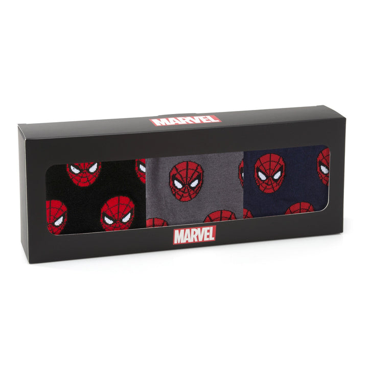 Marvel Spider-Man 3 Pack Socks and Lapel Pin Gift Set featuring three pairs of socks in black, grey, and navy in a branded box.