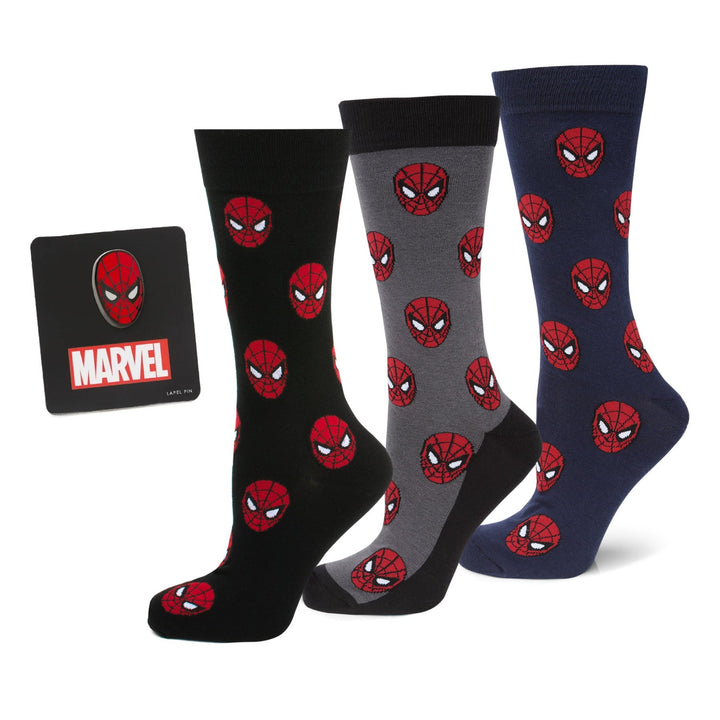 Marvel Spider-Man 3 Pack Socks and Lapel Pin Gift Set featuring three pairs of socks and a matching mask lapel pin on a display card.