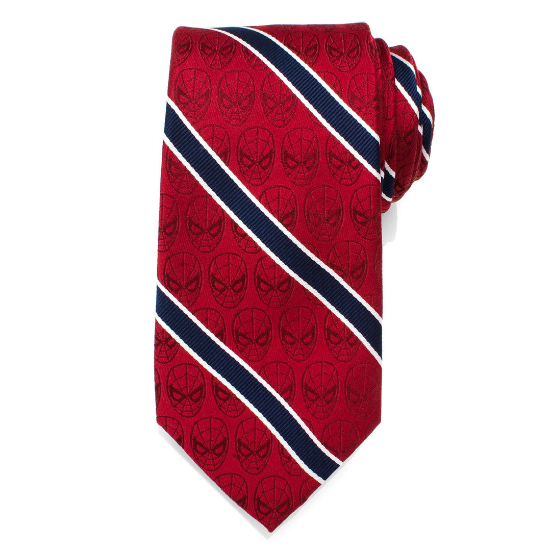 Marvel Spider-Man Red and Navy Stripe Men’s Tie featuring a repeating mask pattern with diagonal navy and white stripes.