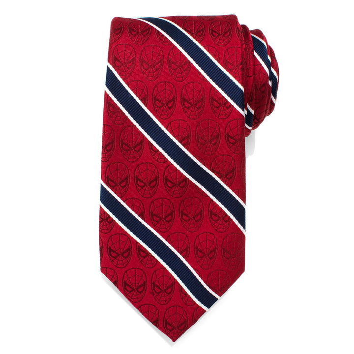 Marvel Spider-Man Red and Navy Stripe Men’s Tie featuring a repeating mask pattern with diagonal navy and white stripes.