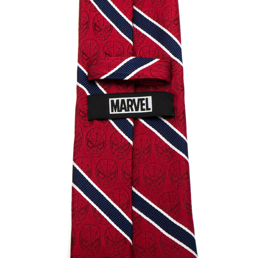 Marvel Spider-Man Red and Navy Stripe Men’s Tie in red silk with diagonal navy and white stripes, a subtle Spider-Man mask pattern, and a Marvel logo tag on the back.