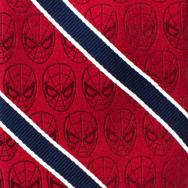 Marvel Spider-Man Red and Navy Stripe Men’s Tie in red silk, featuring repeating Spider-Man masks crossed by diagonal navy blue and white stripes.