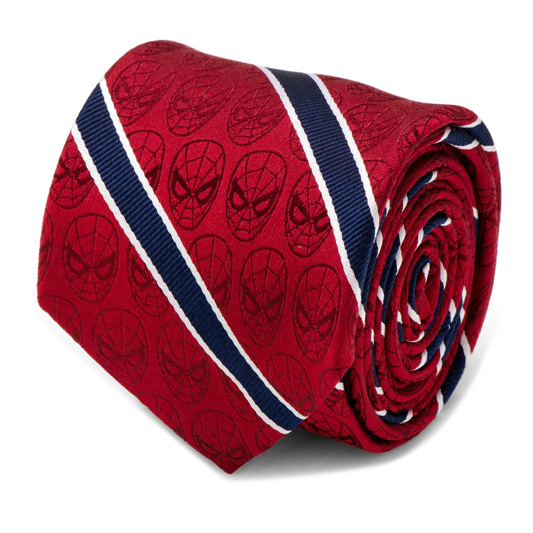 Marvel Spider-Man Red and Navy Stripe Men’s Tie, a rolled red silk slim tie featuring a repeating Spider-Man mask pattern, accented by diagonal navy and white stripes.