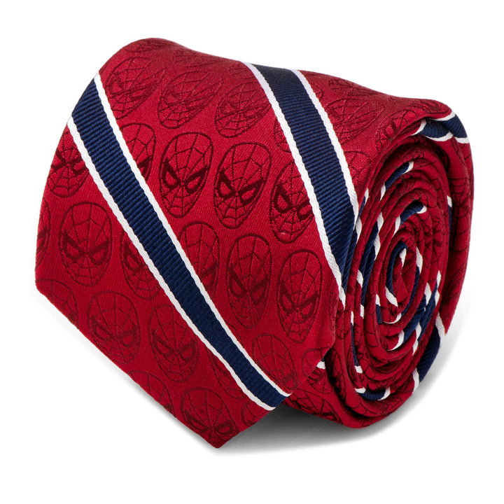 Marvel Spider-Man Red and Navy Stripe Men’s Tie, a rolled red silk slim tie featuring a repeating Spider-Man mask pattern, accented by diagonal navy and white stripes.