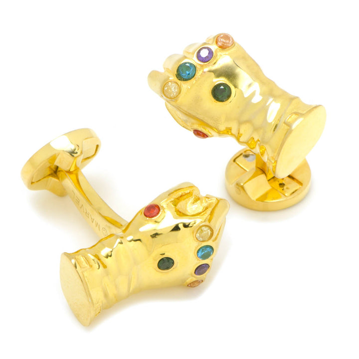 Gold-tone Marvel Thanos Infinity Gauntlet 3D Cufflinks featuring multicolored circular inlays.
