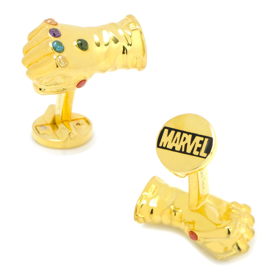 Marvel Thanos Infinity Gauntlet 3D Cufflinks featuring a gold-toned clenched fist with multi-colored stones and the Marvel logo on the circular backing.