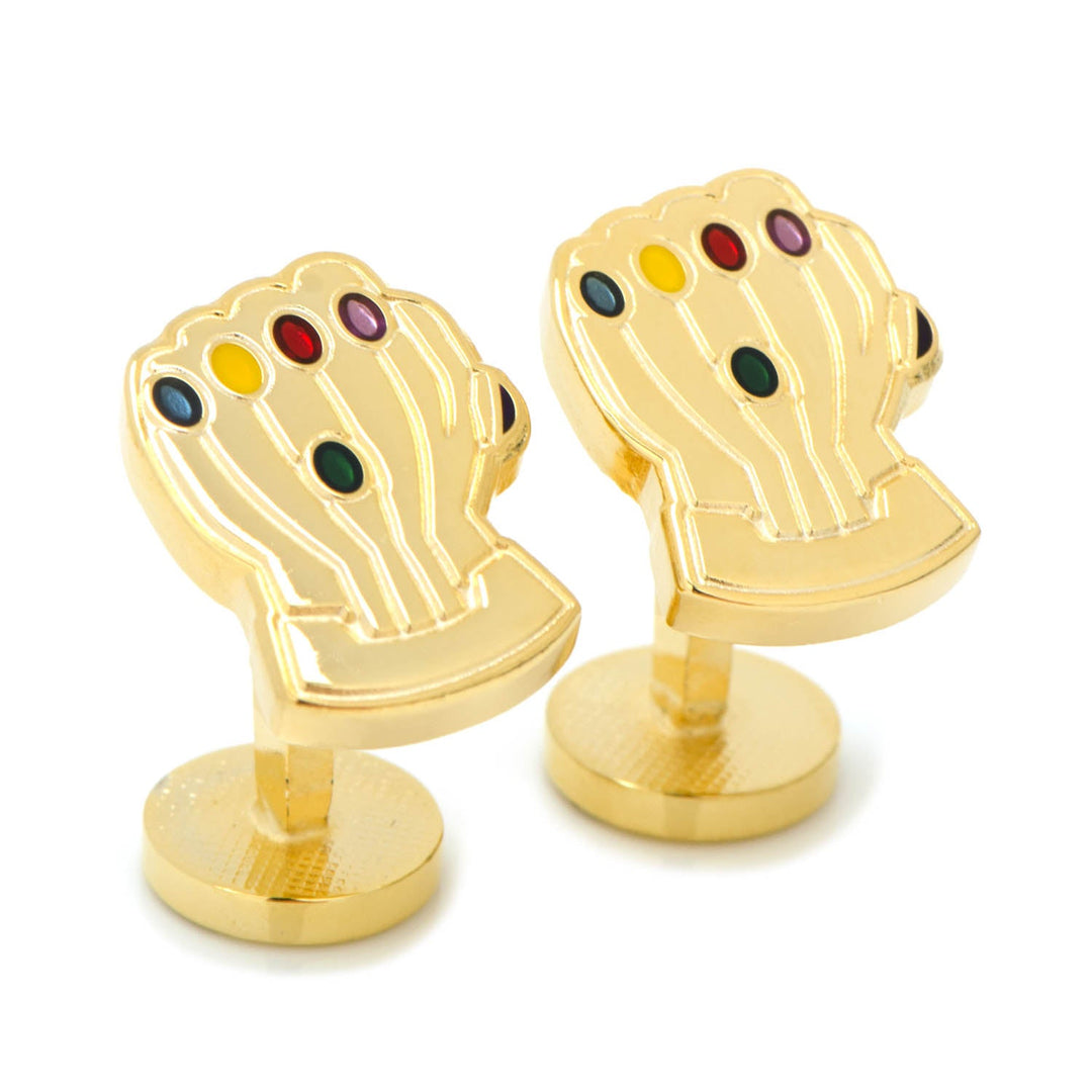 Marvel Thanos Infinity Gauntlet Cufflinks in gold-tone, each shaped like a gauntlet set with six colorful stones.