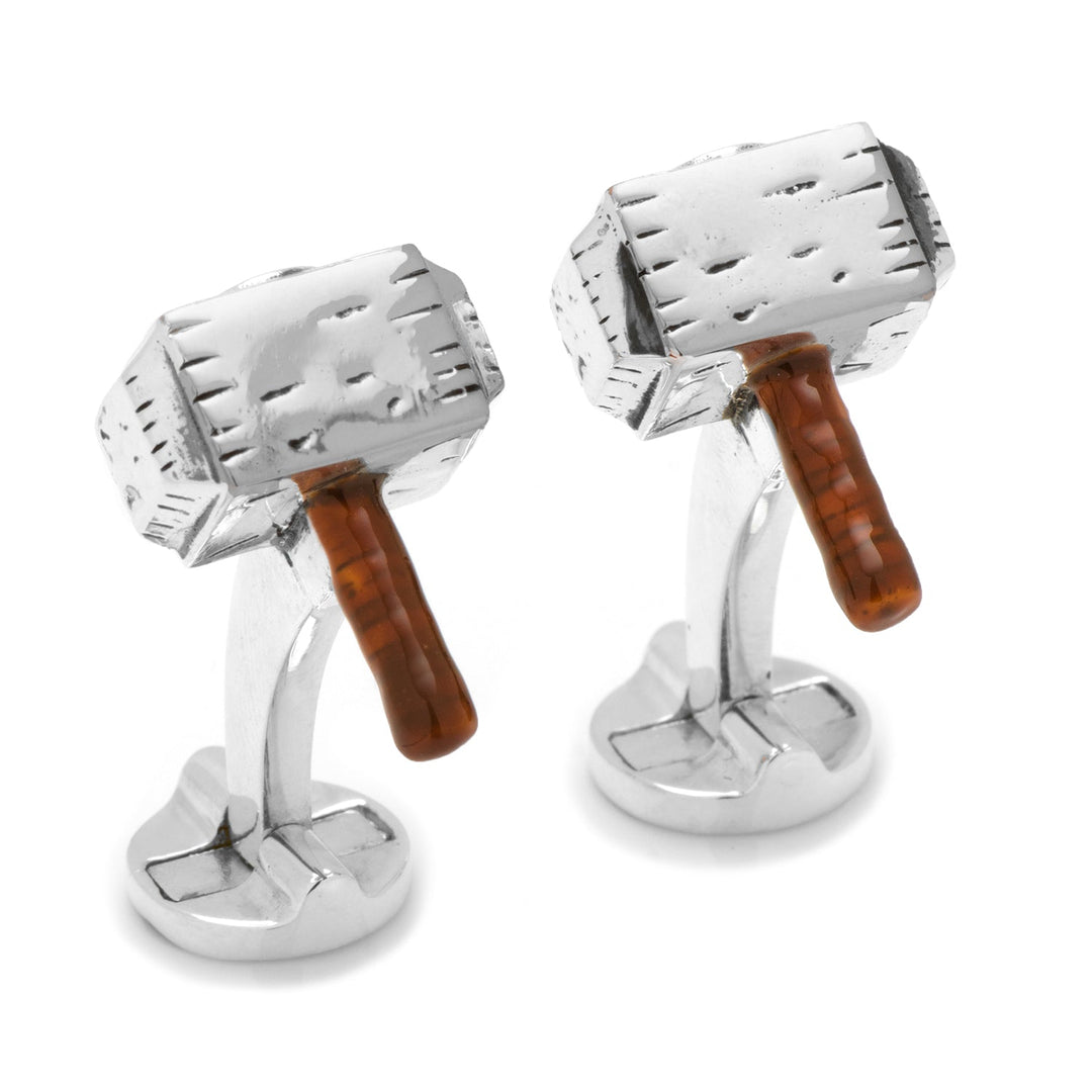 Marvel Thor Mjolnir 3D cufflinks in silver-tone with brown handles.