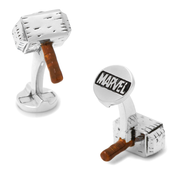 Two silver Marvel Thor Mjolnir 3D Cufflinks, with one showing the word “Marvel” on the circular base.