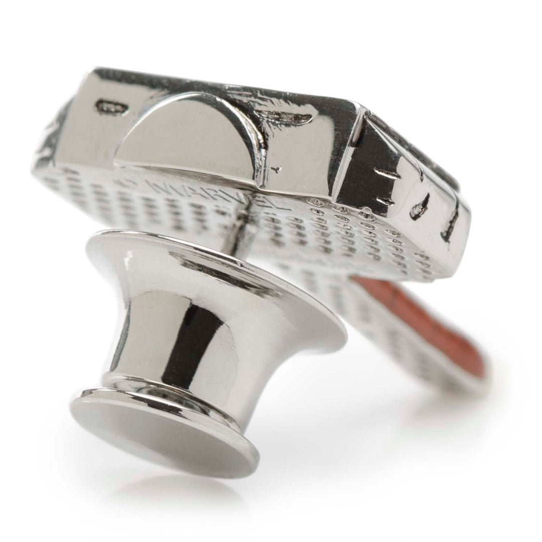Back view of a silver Marvel Thor Mjolnir Lapel Pin by Cufflinks.com, showing the pin clutch and engraved branding.