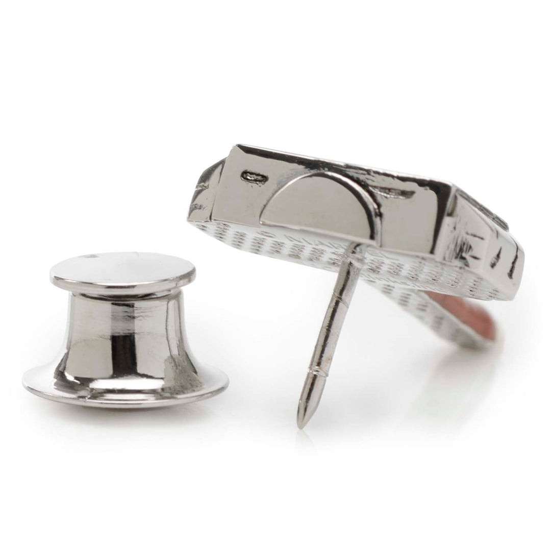 A silver-tone Marvel Thor Mjolnir Lapel Pin replica with its separate clutch backing.