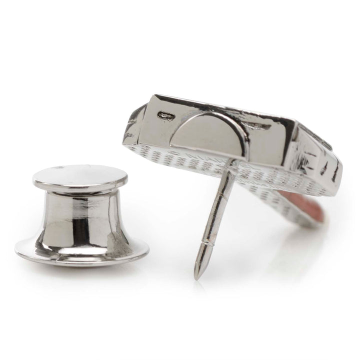 A silver-tone Marvel Thor Mjolnir Lapel Pin replica with its separate clutch backing.