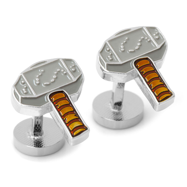 Marvel Thor Hammer Mjolnir Cufflinks shaped like silver-tone hammers with brown and orange detail on the handles.