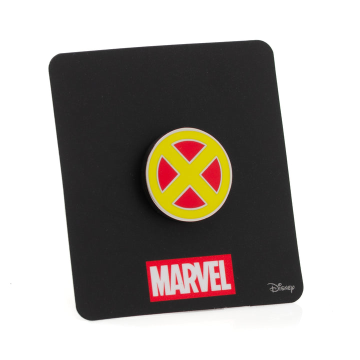 Circular Marvel X-Men Lapel Pin on a black display card featuring a Marvel logo.