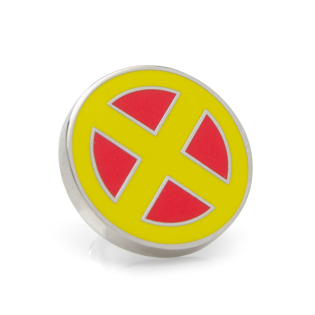 Circular Marvel X-Men Lapel Pin featuring a yellow and red logo with a silver border.