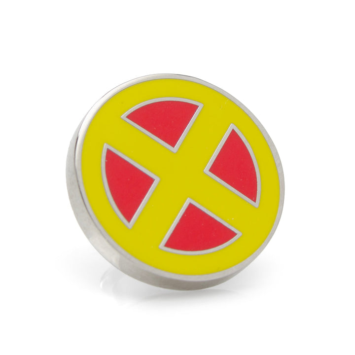 Circular Marvel X-Men Lapel Pin featuring a yellow and red logo with a silver border.