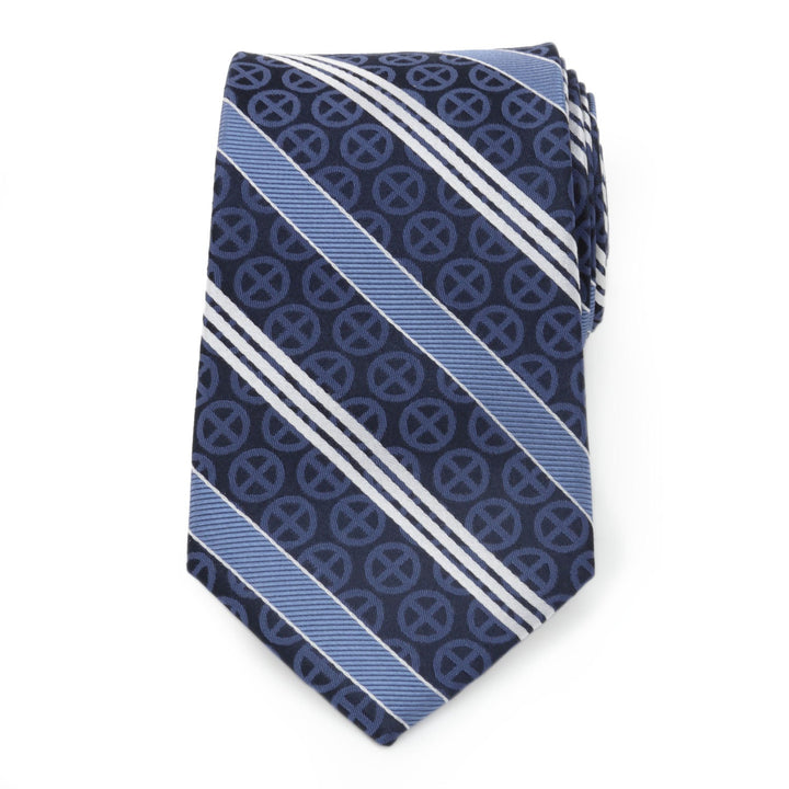 Marvel X-Men Symbol Navy Stripe Men’s Tie in navy blue silk with a repeating circular logo pattern and diagonal light blue and white stripes.