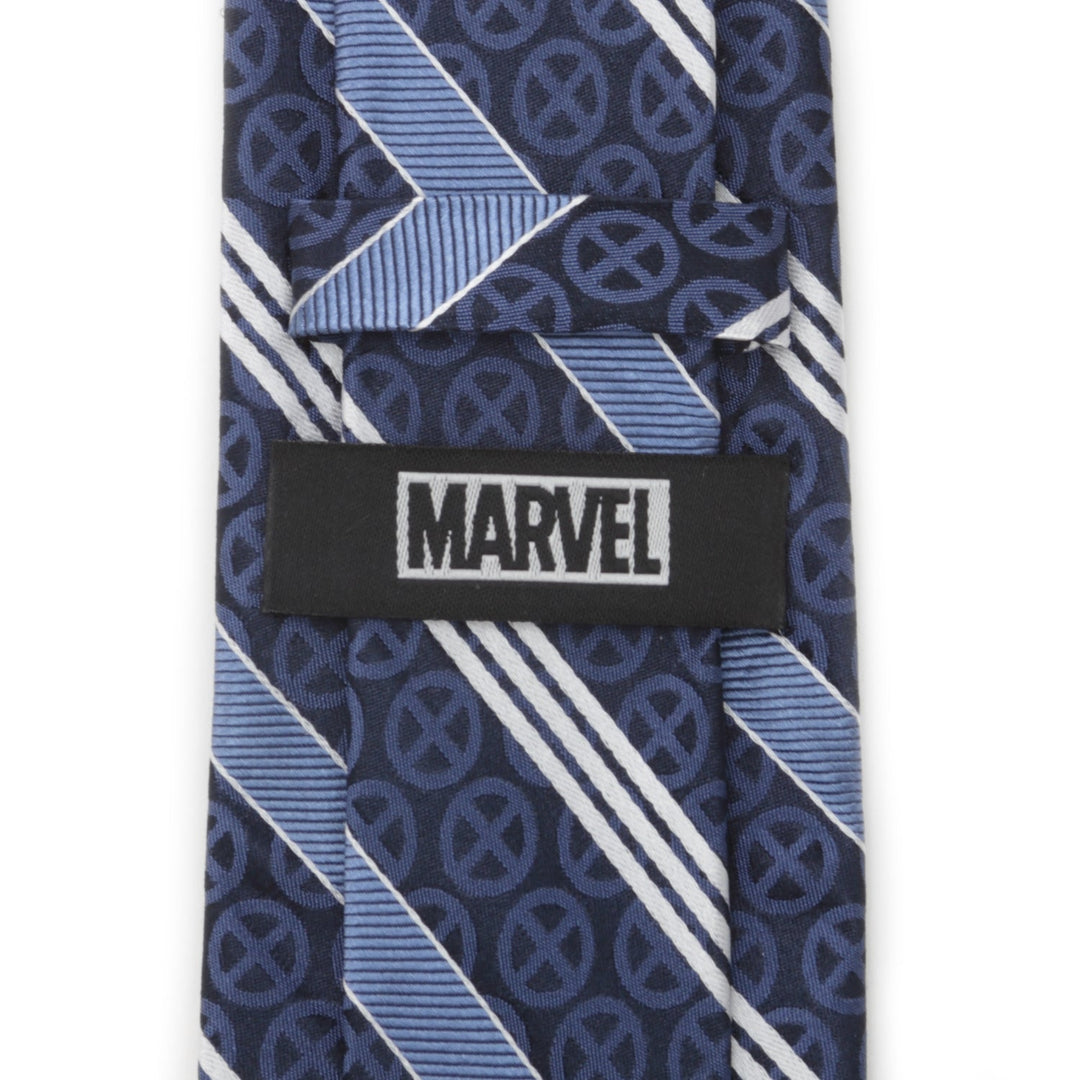 Marvel X-Men Symbol Navy Stripe Men’s Tie in navy blue silk with repeating X-Men logos and diagonal light blue and white stripes, featuring a black brand label on the back.