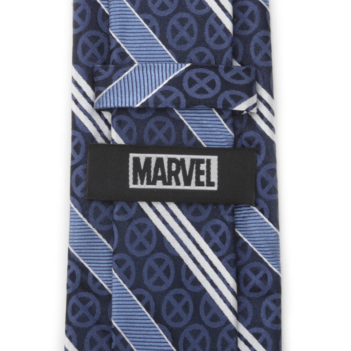 Marvel X-Men Symbol Navy Stripe Men’s Tie in navy blue silk with repeating X-Men logos and diagonal light blue and white stripes, featuring a black brand label on the back.