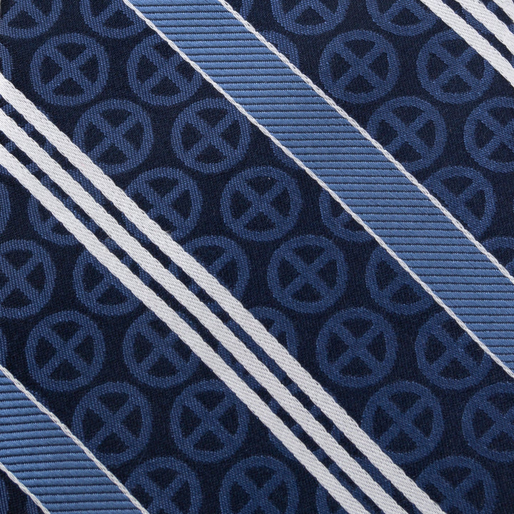 Marvel X-Men Symbol Navy Stripe Men’s Tie in navy blue silk featuring a repeating circular X-Men emblem pattern with diagonal light blue and white stripes.
