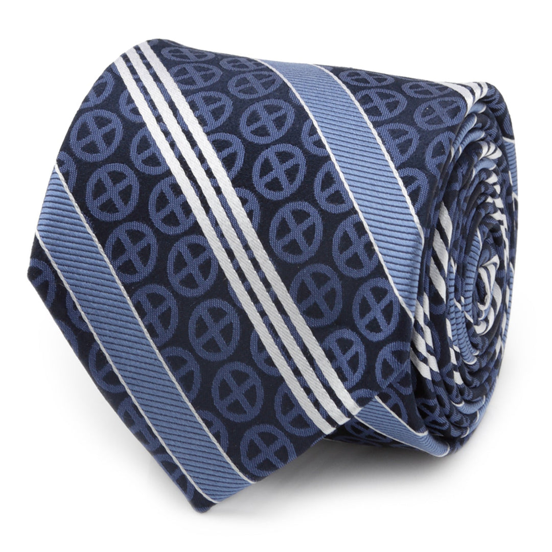 Marvel X-Men Symbol Navy Stripe Men’s Tie in rolled navy blue silk featuring a repeating circular emblem pattern, light blue diagonal stripes, and white pinstripes.