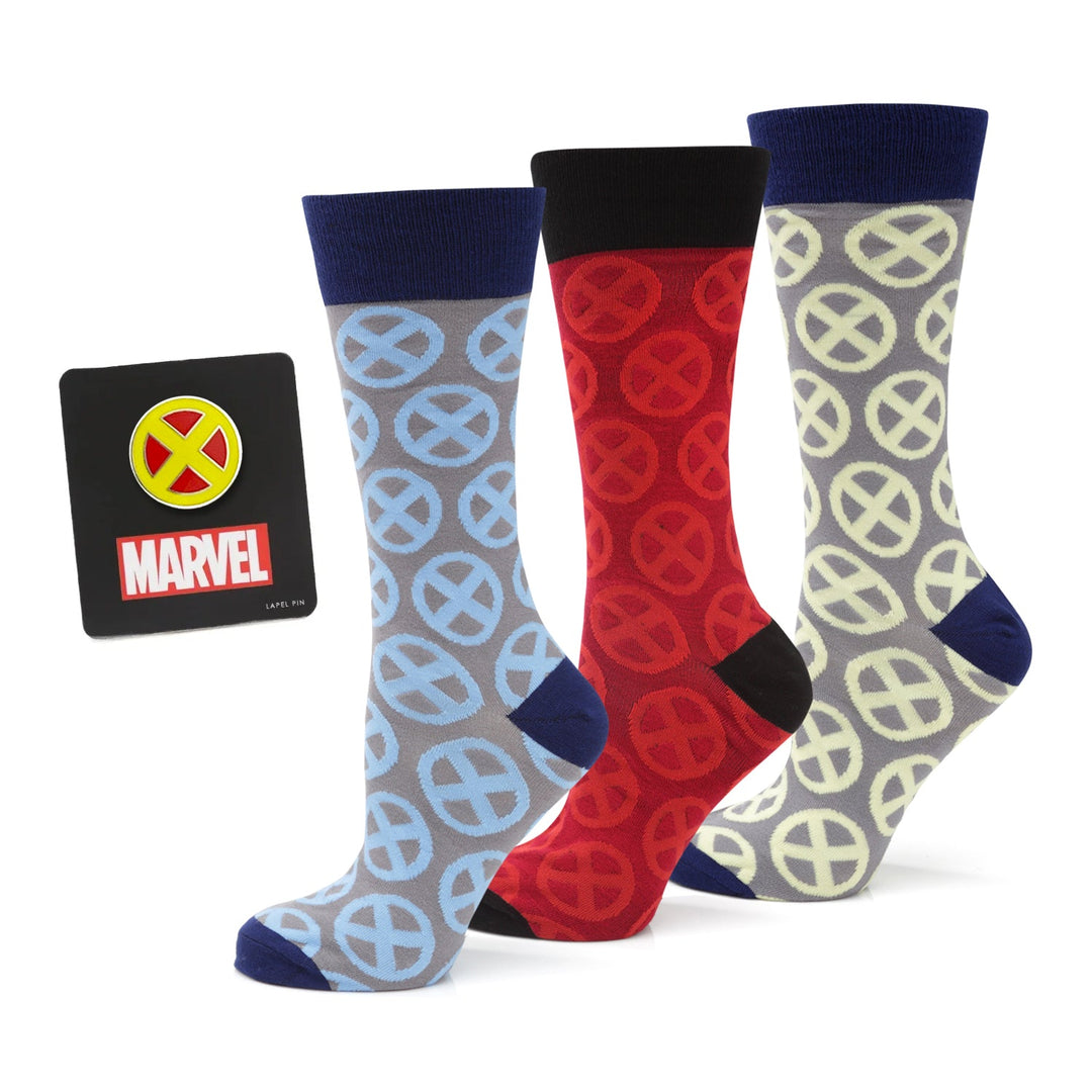 Marvel X-Men Socks 3 Pack with Lapel Pin Gift Set featuring three pairs of crew socks with an X-Men logo pattern in blue, red, and grey, and an X-Men lapel pin on a display card.