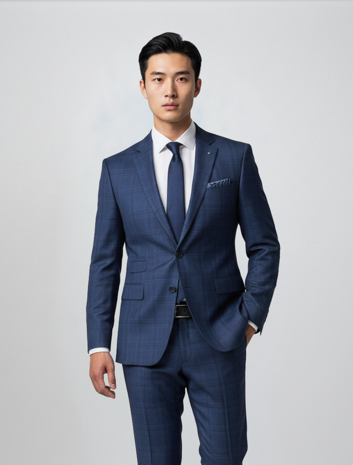 A man wearing the Alberto Cardina Men’s Navy Tonal Plaid Slim Fit Suit, crafted from Tetron Rayon and featuring a modern stretch armhole for enhanced comfort and mobility, stands against a plain light background. He pairs the suit with a white shirt and navy tie, looking forward with one hand in his pocket.