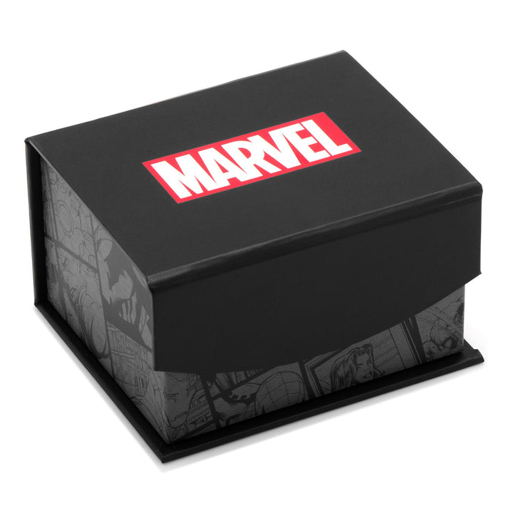 Marvel Thor Mjolnir 3D Cufflinks in a black gift box featuring a red and white Marvel logo on the lid and comic book illustrations on the sides.