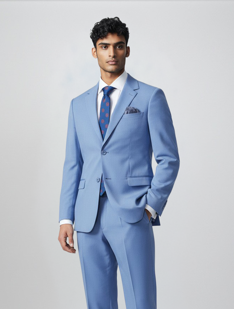 A man stands against a plain background wearing the Gianco Ferro Men’s Azure Blue Slim Fit Suit, expertly tailored from premium Tetron Rayon and styled with a white dress shirt, patterned blue tie, and matching pocket square.