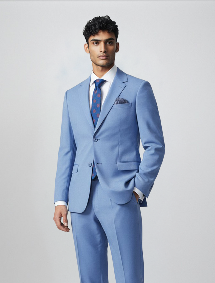 A man stands against a plain background wearing the Gianco Ferro Men’s Azure Blue Slim Fit Suit, expertly tailored from premium Tetron Rayon and styled with a white dress shirt, patterned blue tie, and matching pocket square.
