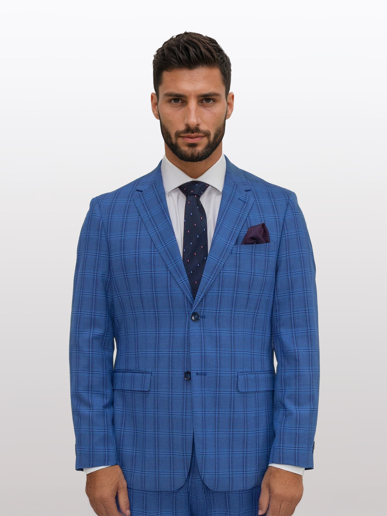 A man in a Men's Blue with Light Blue and Black Windowpane Slim Fit Suit, paired with a white shirt and navy tie, stands against a plain background, showcasing the sleek style of Gianco Ferro.