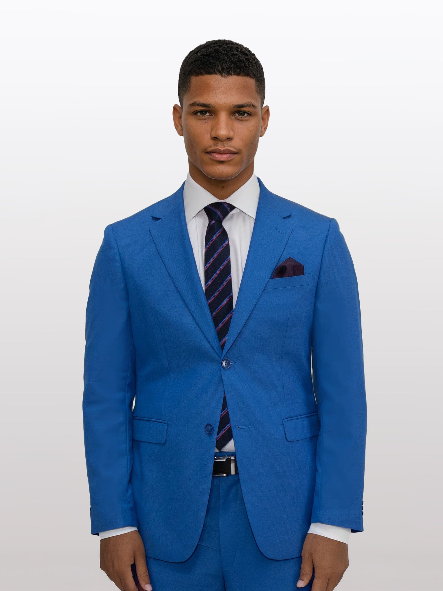 Dressed in Gianco Ferro's Men's Royal Blue Debossed Windowpane Slim Fit Suit, a person stands confidently against a plain backdrop, accentuating the sophistication of the blue ensemble paired with a crisp white shirt and striped tie.